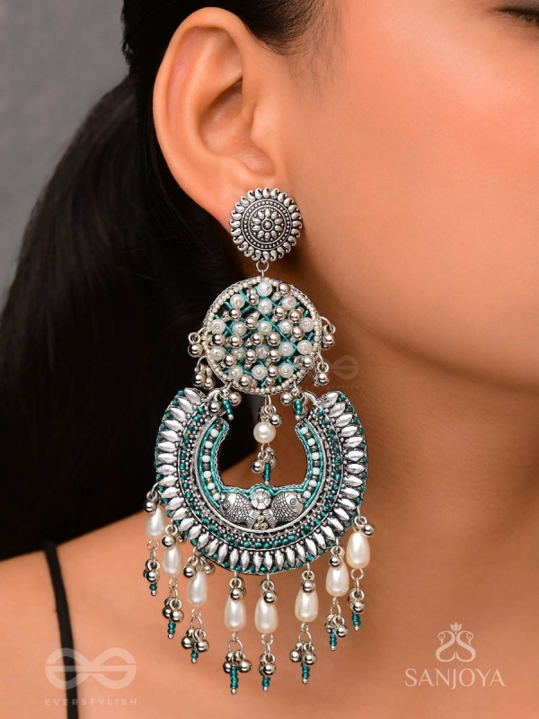 Atisiddhi- The Perfect Intricacy- Beads And Pearl Drops Hand Embroidered Oxidised Earrings
