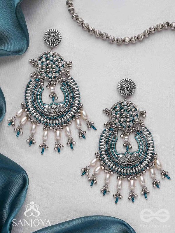 Atisiddhi- The Perfect Intricacy- Beads And Pearl Drops Hand Embroidered Oxidised Earrings