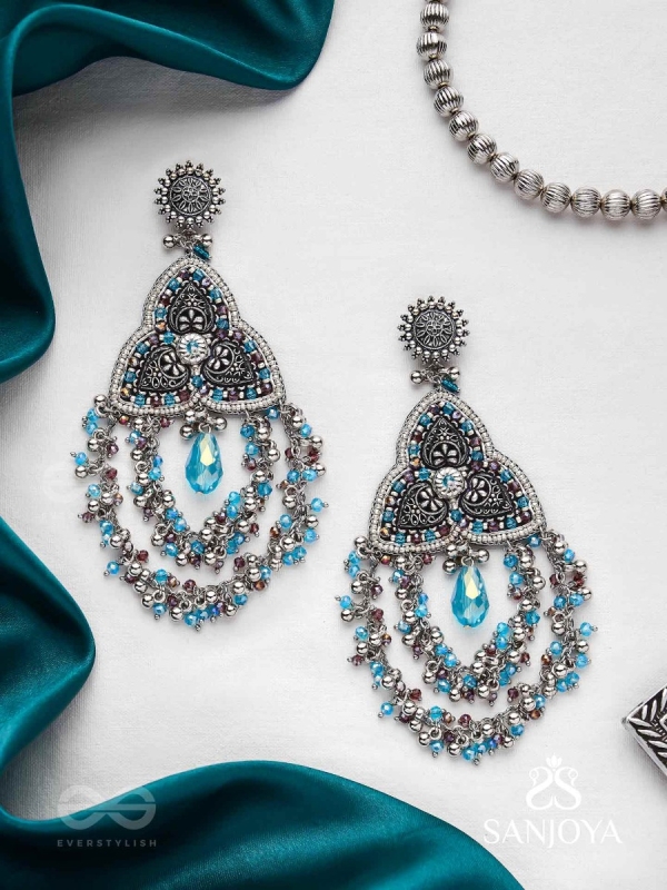 Prakirtih- The Euphoric Celebrations- Beads And Glass Drops Hand Embroidered Oxidised Earrings