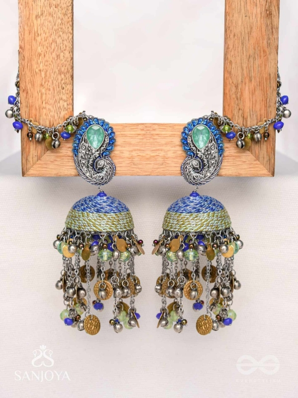 Anugita - Song Of The Sky - Stone, Coins And Beads Hand Embroidered Oxidised Earrings