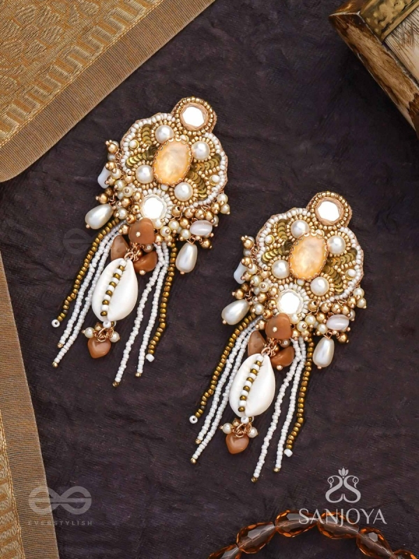 Aadhararoop - Ornament Of Enchantress- Shells, Beads And Pearl Drops Hand Embroidered Earrings