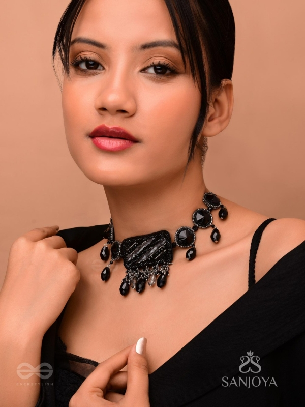 Anjyeta - Starry Nights - Beads, Cutdana And Glass Drops Hand Embroidered Neckpiece