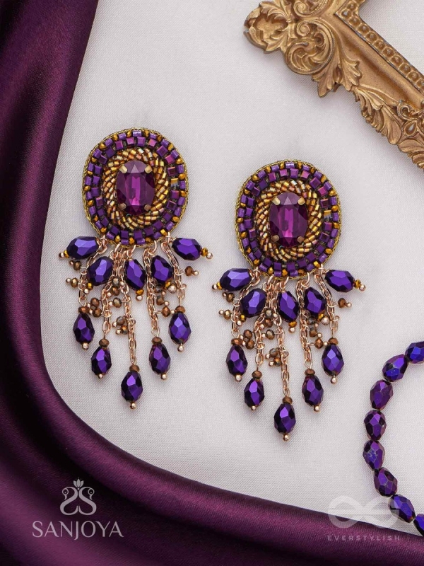 Anisam - The Shining Night - Stone, Beads And Glass Drops Hand Embroidered Earrings