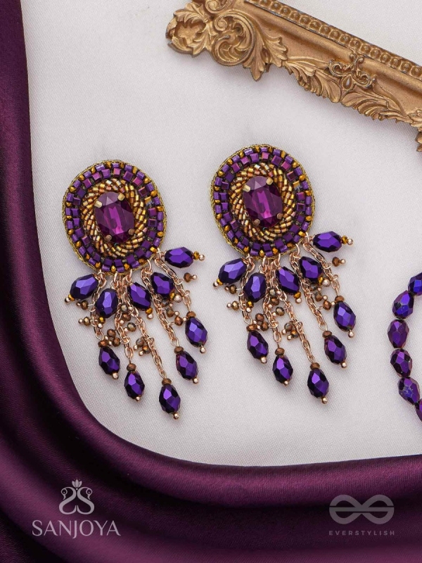 Anisam - The Shining Night - Stone, Beads And Glass Drops Hand Embroidered Earrings