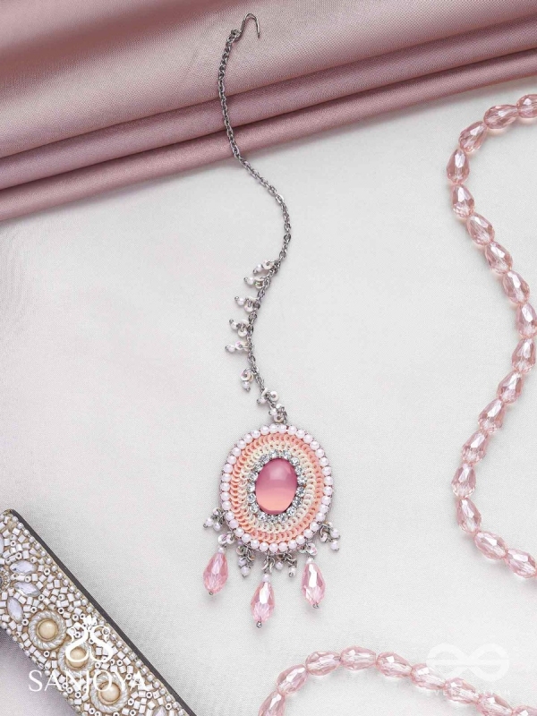 Alijihvika - The Sweet Mist - Stone, Sequins And Glass Drop Hand Embroidered Maangtika