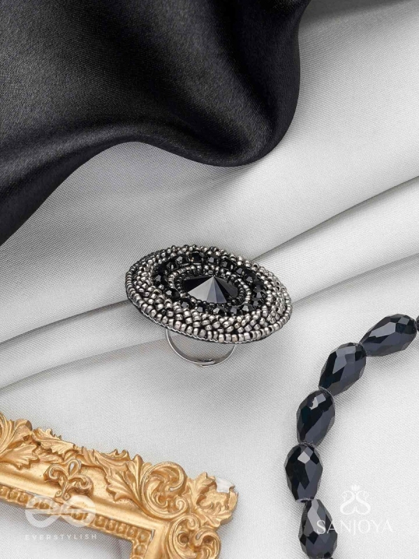 Amavasya - The New Moon Night - Stone And Beads Hand Embroidered Ring