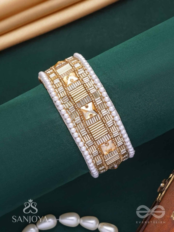 Sthagara - The Golden Hour - Stone, Cutdana And Beads Hand Embroidered Cuff Bracelet