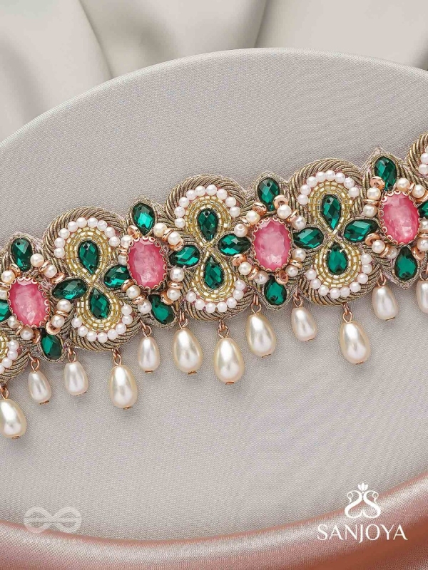 Nalikini - The Emerald Bloom - Stone, Beads And Pearl Drops Hand Embroidered Neckpiece