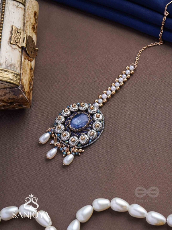 Adhilokam- The Neptune Goddess- Stone, Beads And Pearl Drops Hand Embroidered Maangtika