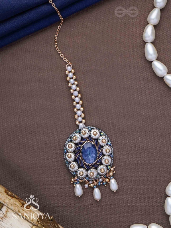 Adhilokam- The Neptune Goddess- Stone, Beads And Pearl Drops Hand Embroidered Maangtika