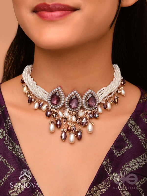 Syamatva - The Sparkling Night - Stone, Beads And Pearls Hand Embroidered Neckpiece
