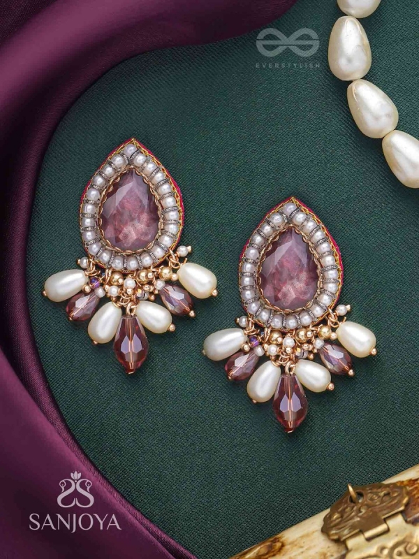 Atyala - The Rosy Raindrop - Stone, Beads And Glass Drop Hand Embroidered Earrings