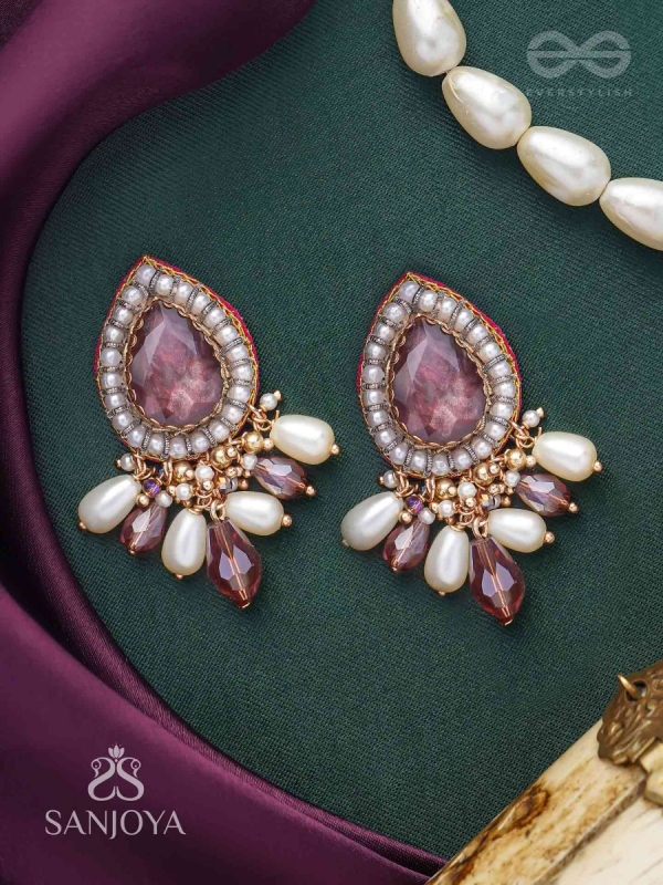 Atyala - The Rosy Raindrop - Stone, Beads And Glass Drop Hand Embroidered Earrings