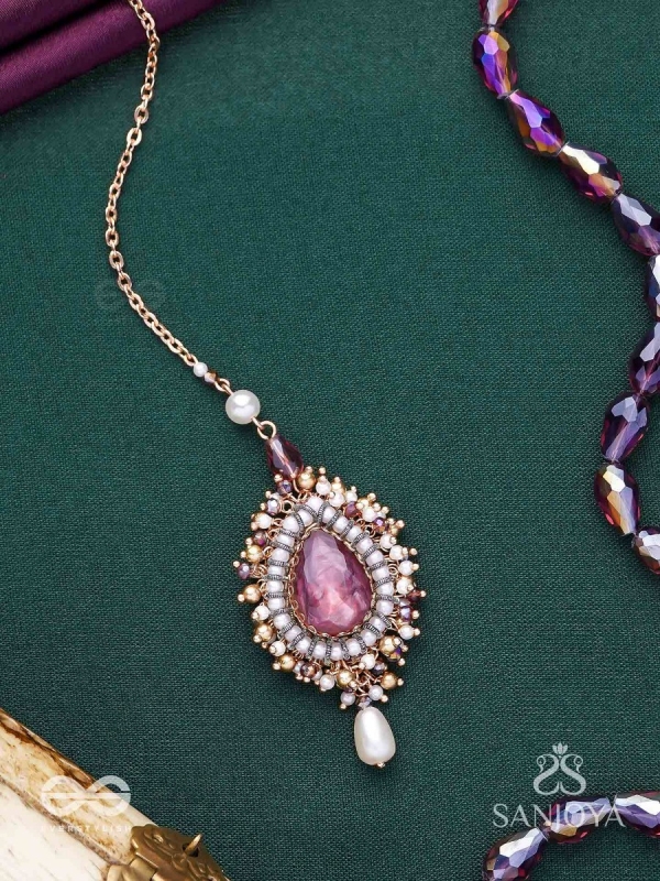 Asyama - The Violet Veil - Beads, Pearl And Stone Hand Embroidered Maangtika 