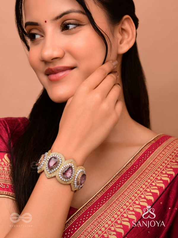 Pratijna - The Glowing Glamour - Stone, Beads And Cutdana Hand Embroidered Cuff Bracelet