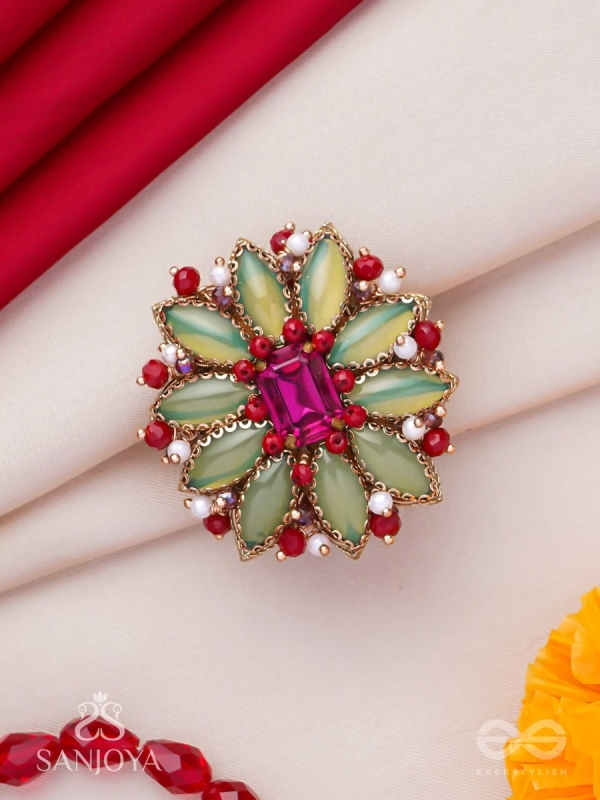 Ardramanjari - The Fresh Bloom - Stones And Beads Hand Embroidered Ring (Adjustable)