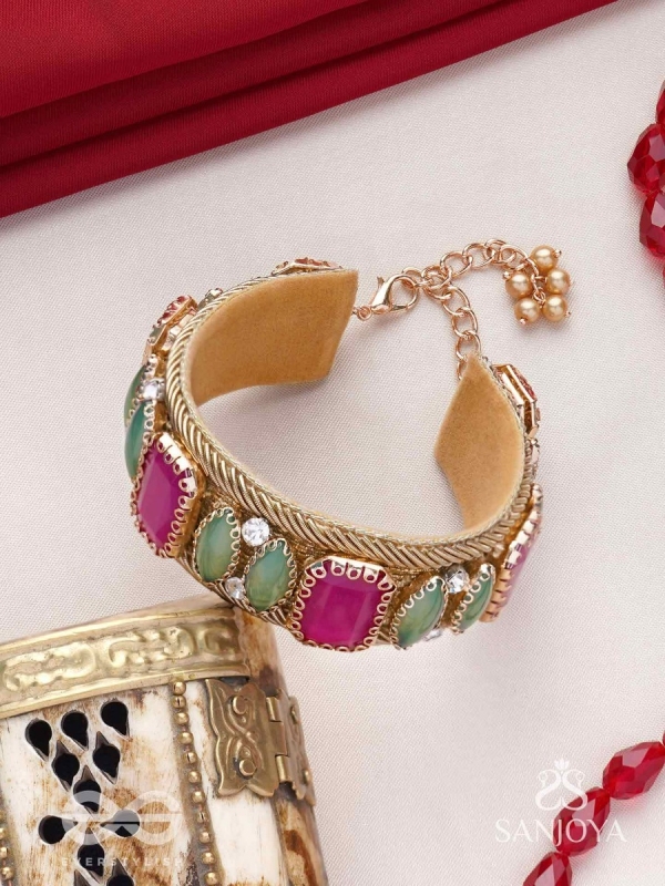 Satapattri - The Rosy Ferns - Stone Hand Embroidered Cuff Bracelet