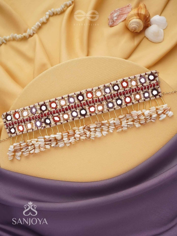 Revata - Hues Of Ocean - Mirror And Resham Hand Embroidered Neckpiece