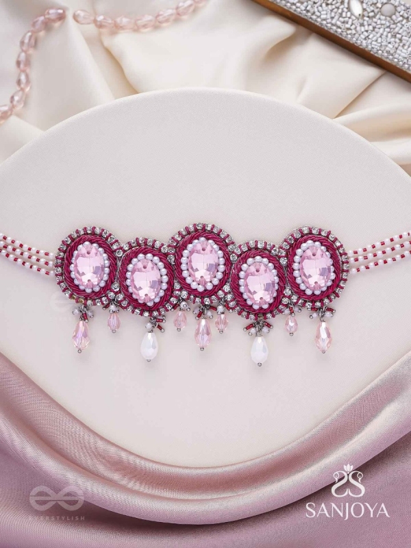 Udagat - Blushing Rose - Stone, Beads And Glass Drops Hand Embroidered Neckpiece