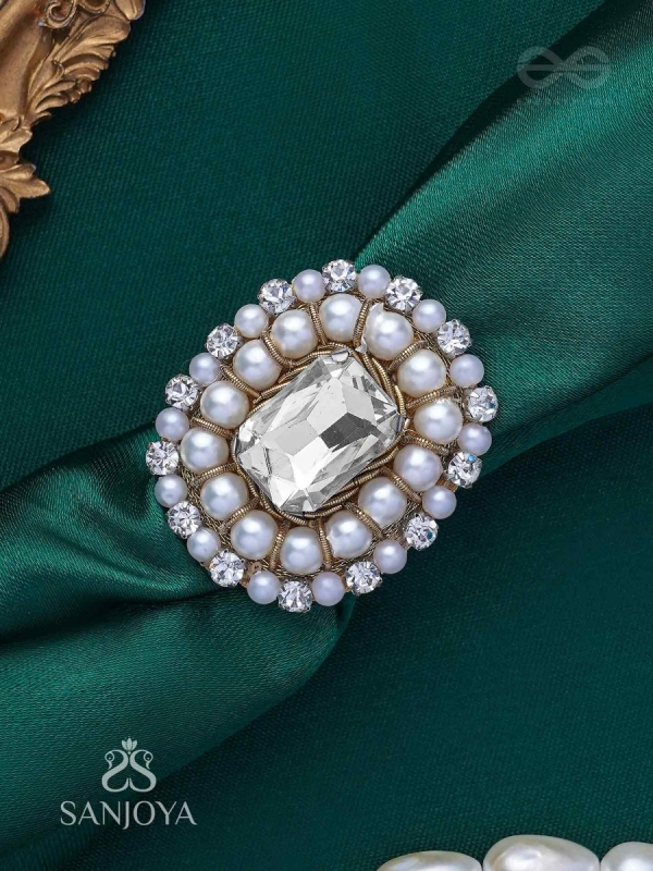 Indukamala - Moonlit Pearl Majesty - Stone And Pearls Hand Embroidered Ring