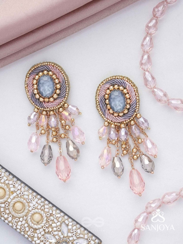 Ahraya - The Pink Fog - Stone, Beads And Glass Drop Hand Embroidered Earrings