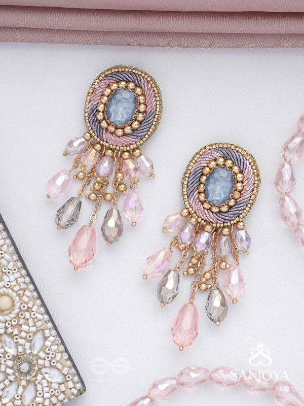 Ahraya - The Pink Fog - Stone, Beads And Glass Drop Hand Embroidered Earrings