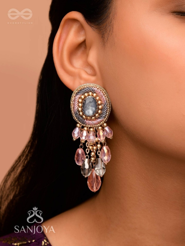 Ahraya - The Pink Fog - Stone, Beads And Glass Drop Hand Embroidered Earrings