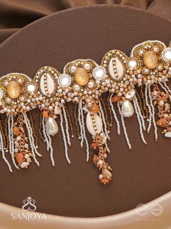 Sankhika- Coastal Gleam - Beads, Shells And Stone Hand Embroidered Neckpiece