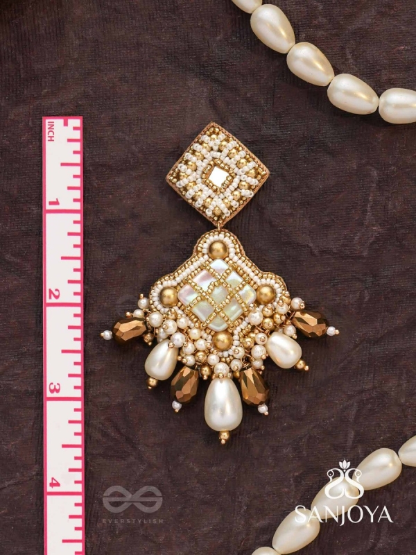 Kosavasin - Golden Sands Delight -Beads And Glass Drops Hand Embroidered Earrings