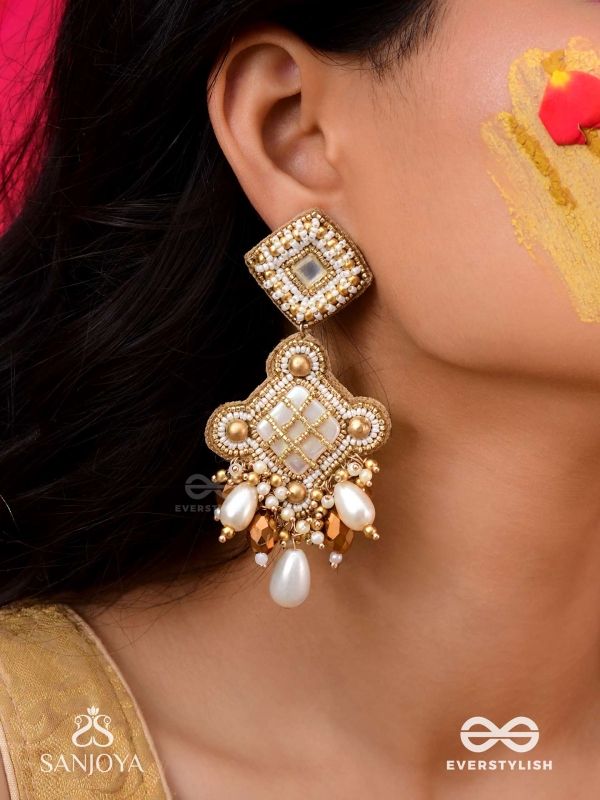 Kosavasin - Golden Sands Delight -Beads And Glass Drops Hand Embroidered Earrings