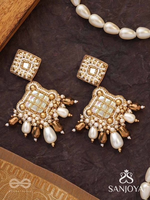 Kosavasin - Golden Sands Delight -Beads And Glass Drops Hand Embroidered Earrings