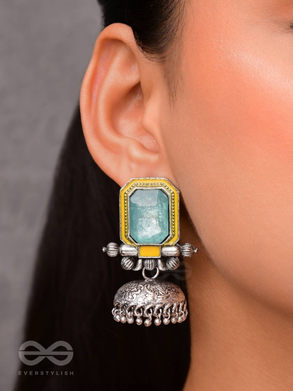 The Sunny Breeze - Embellished And Enamelled Oxidised Jhumka Earrings