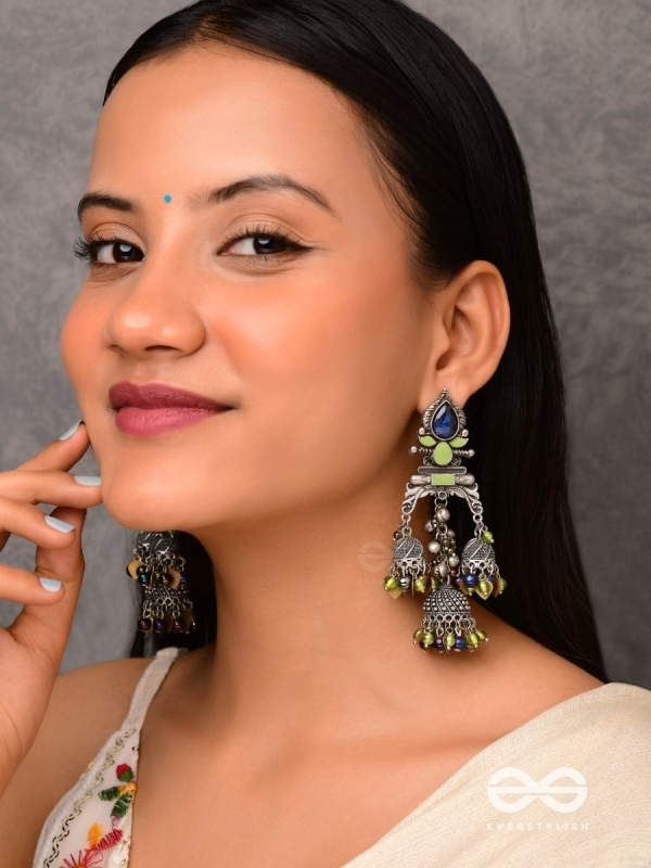 The Peacock Hues - Stone And Beads Enamelled Oxidised Earrings