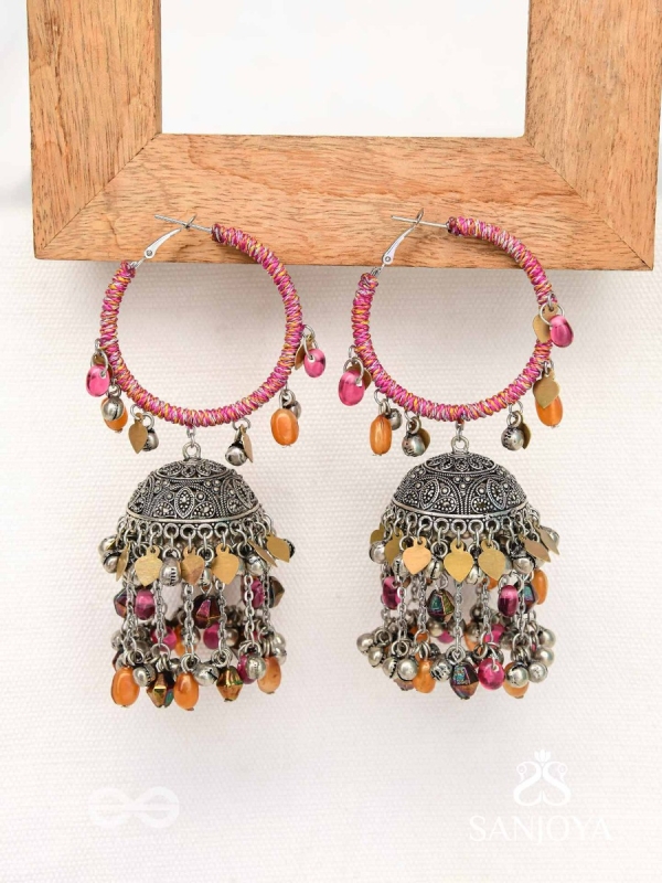Stotavya - The Mira Chants- Beads, Resham And Glass Drops Oxidised Jhumka Earrings