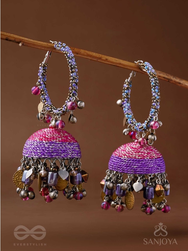 Dvibhat - The Twilight Tinkles - Resham, Coins And Beads Hand Embroidered Oxidised Jhumka Earrings