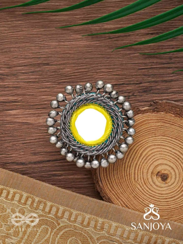 Patangah - Music Of Sunshine - Mirror, Resham And Beads Hand Embroidered Oxidised Ring