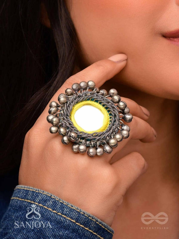 Patangah - Music Of Sunshine - Mirror, Resham And Beads Hand Embroidered Oxidised Ring