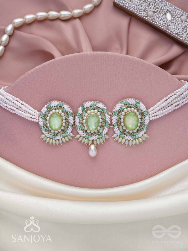 Tankasala - Frosted Fern - Stones And Pearls Hand Embroidered Neckpiece