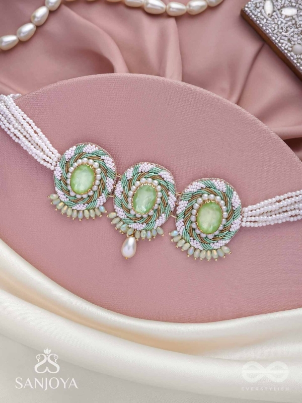 Tankasala - Frosted Fern - Stones And Pearls Hand Embroidered Neckpiece