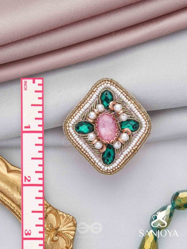 Naimisa - Blooms In Forest - Stones, Beads And Dabka Hand Embroidered Ring (Adjustable)