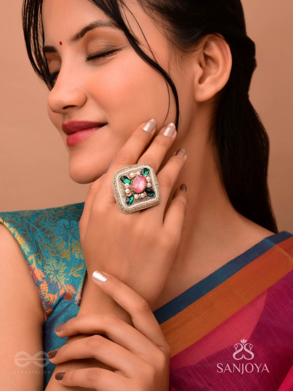 Naimisa - Blooms In Forest - Stones, Beads And Dabka Hand Embroidered Ring (Adjustable)