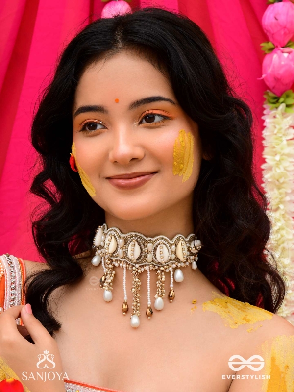 Abdhimanduki - The Pearl Lagoon- Shells, Beads, Pearl And Glass Drops Hand Embroidered Neckpiece