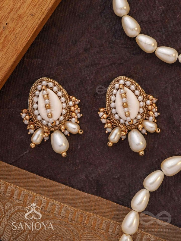 Dinara - The Shell Shoreline - Beads, Shells And Pearl Drops Hand Embroidered Earrings