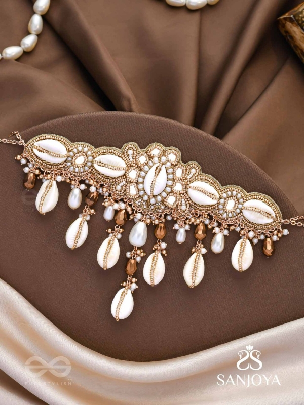 Lavana- The Coast Memoirs- Shells, Beads And Glass Drops Hand Embroidered Choker Neckpiece