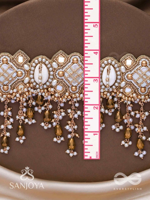 Bhadrashochi- The Shimmering Shower- Shells, Beads, Mirror And Glass Drops Hand Embroidered Choker Neckpiece