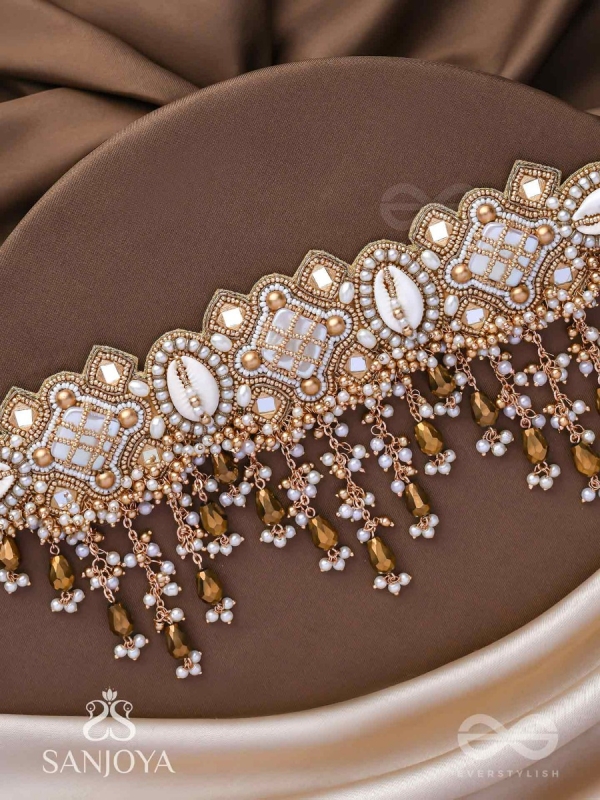 Bhadrashochi- The Shimmering Shower- Shells, Beads, Mirror And Glass Drops Hand Embroidered Choker Neckpiece