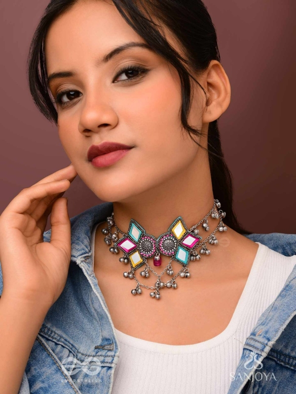 Bhuritejas- The Glorious Triflection- Mirror, Resham And Beads Hand Embroidered Choker Neckpiece