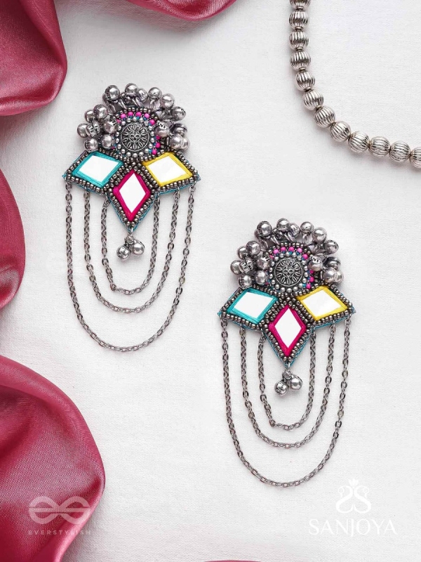 Taruna - The Vivid Landscapes - Mirrors, Resham And Beads Hand Embroidered Oxidised Earrings