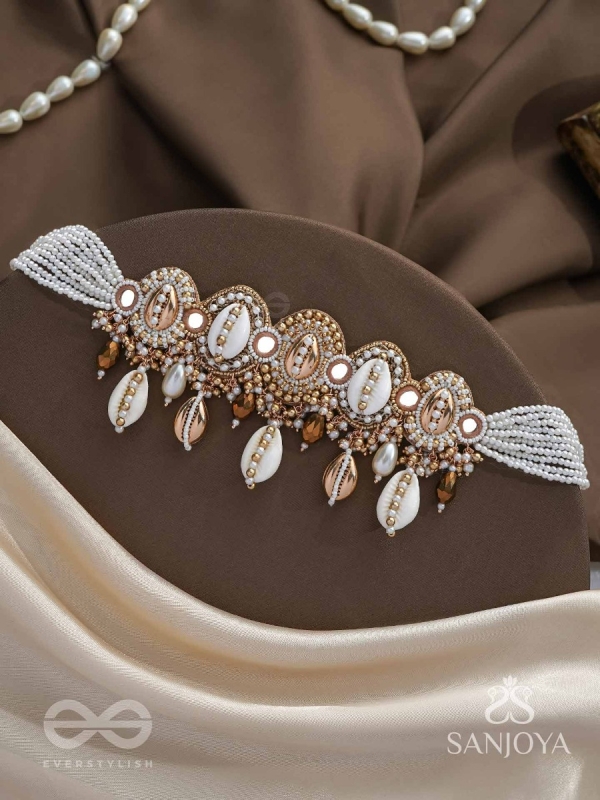 Velakula- The Coastline Stories- Shells, Beads, Pearl And Glass Drops Hand Embroidered Choker Neckpiece