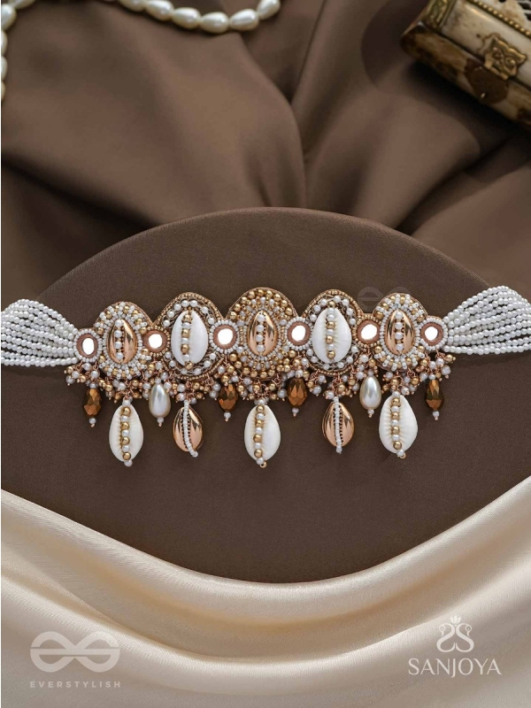 Velakula- The Coastline Stories- Shells, Beads, Pearl And Glass Drops Hand Embroidered Choker Neckpiece